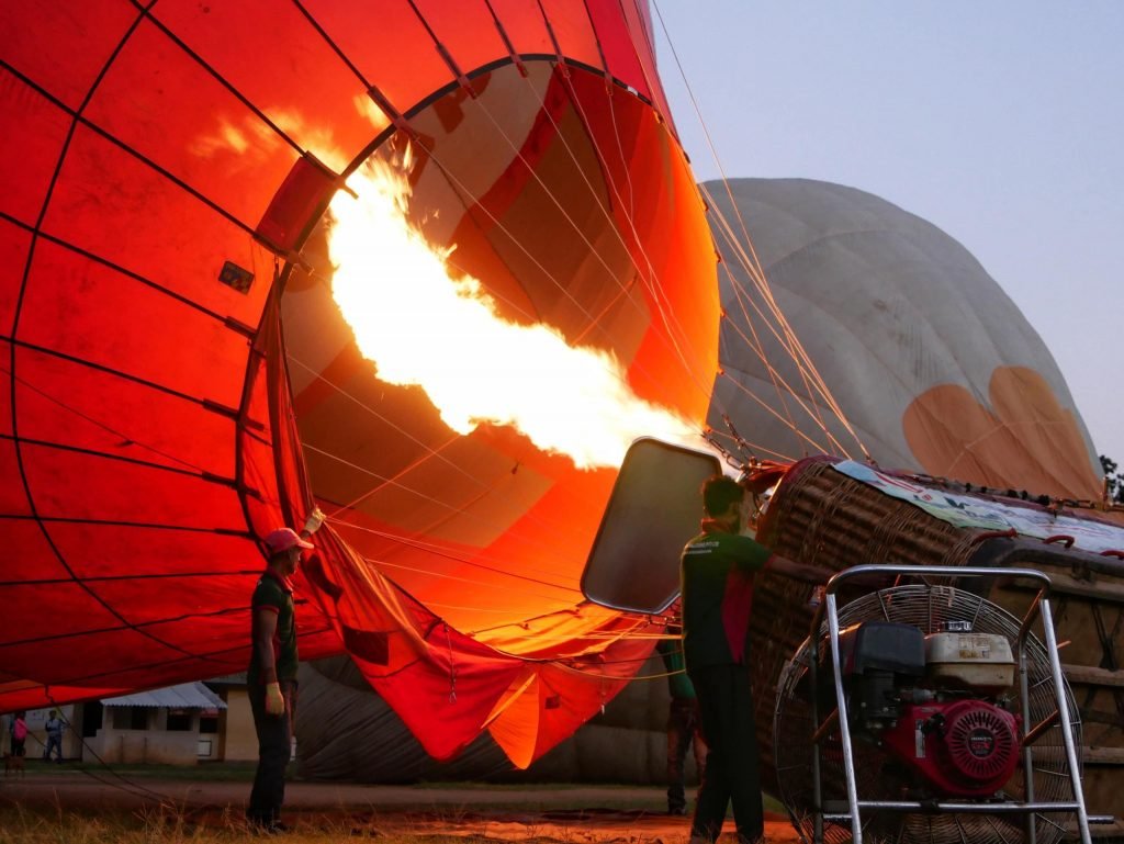 Flames in a hot-air balloon in Sri Lanka