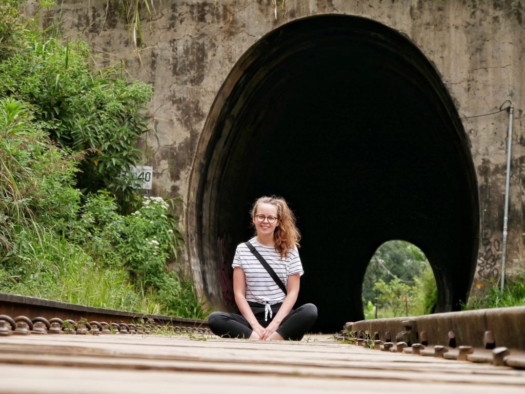 Britta Wiebe meditating on the rails at Ella Sri Lanka