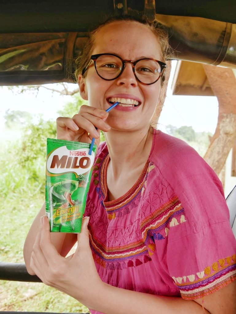 Britta Wiebe drinking Milo on Safari at Udawalawe National Park Sri Lanka