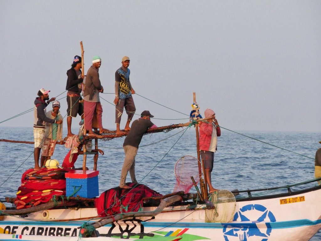 fishing boat pirates of the caribbean with fisher men at Mirissa Sri Lanka