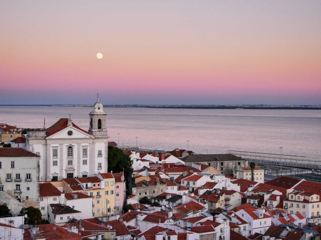 Sunset in Lisbon with view over the sea