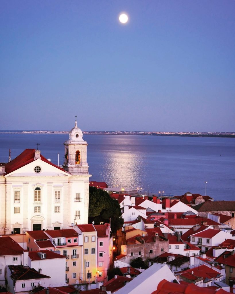 Viewpoint in Lisbon with moon