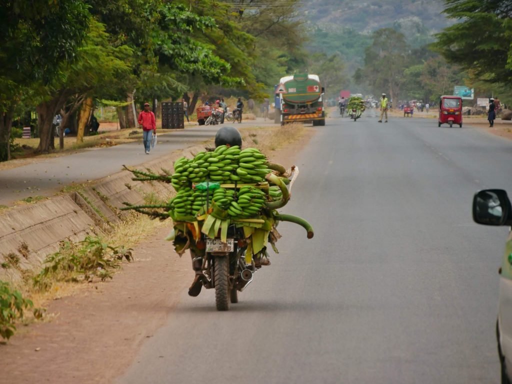 A scooter driver transporting a lot of bananas in Arusha, Tanzania