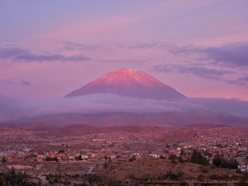 Mount Misti sunset view from Mirador Carmen Alto, Arequipa, Peru