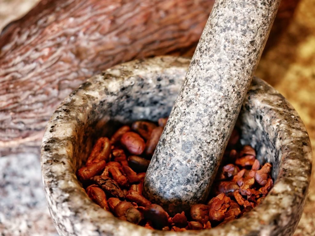 Cacao nibs in a grinder