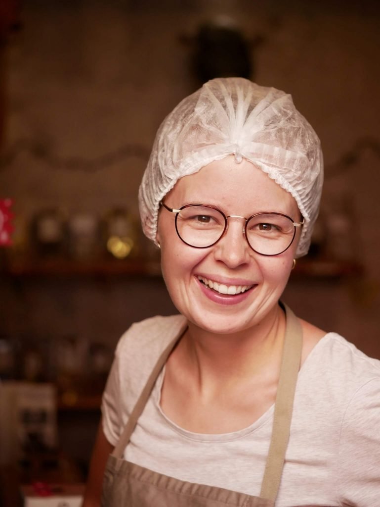 Britta Wiebe dressed for chocolate workshop