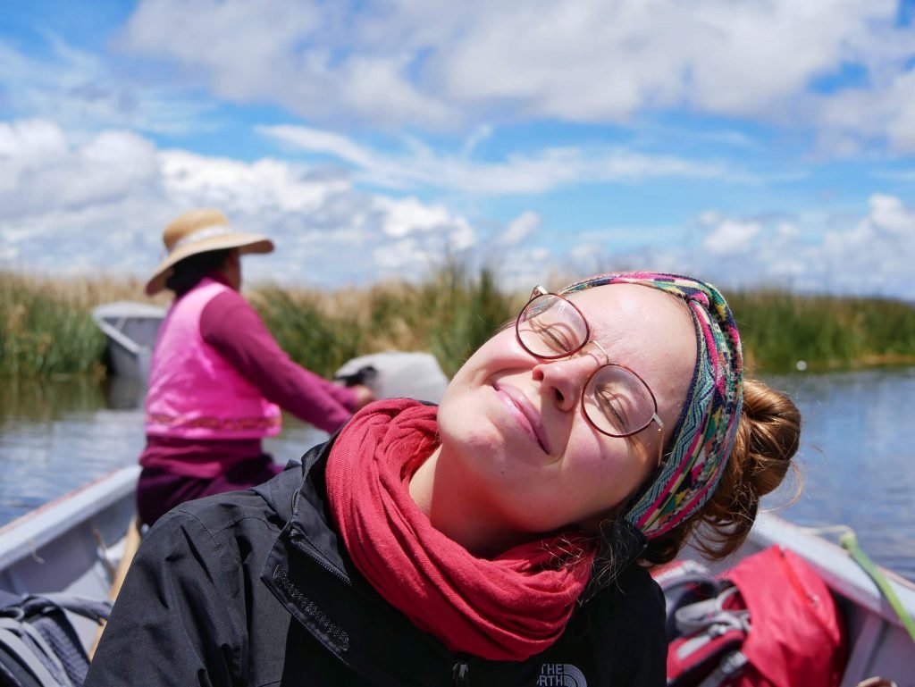 Britta Wiebe enjoying the sun on Lake Titticaca