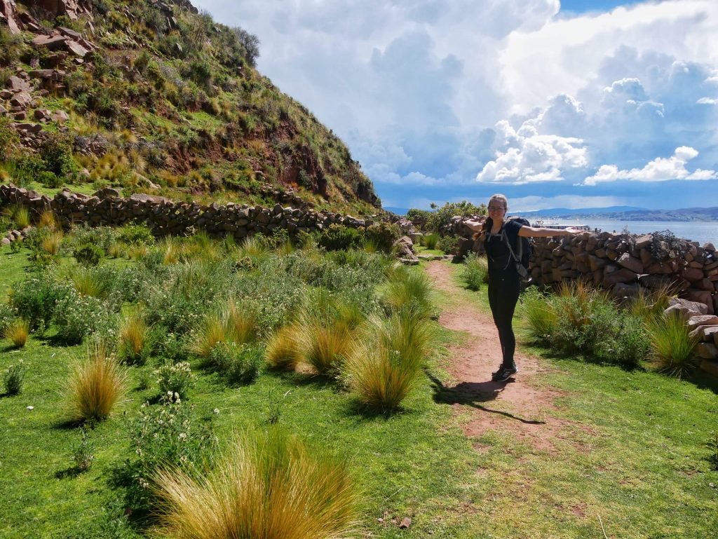 Britta Wiebe standing on Tequile island, Peru