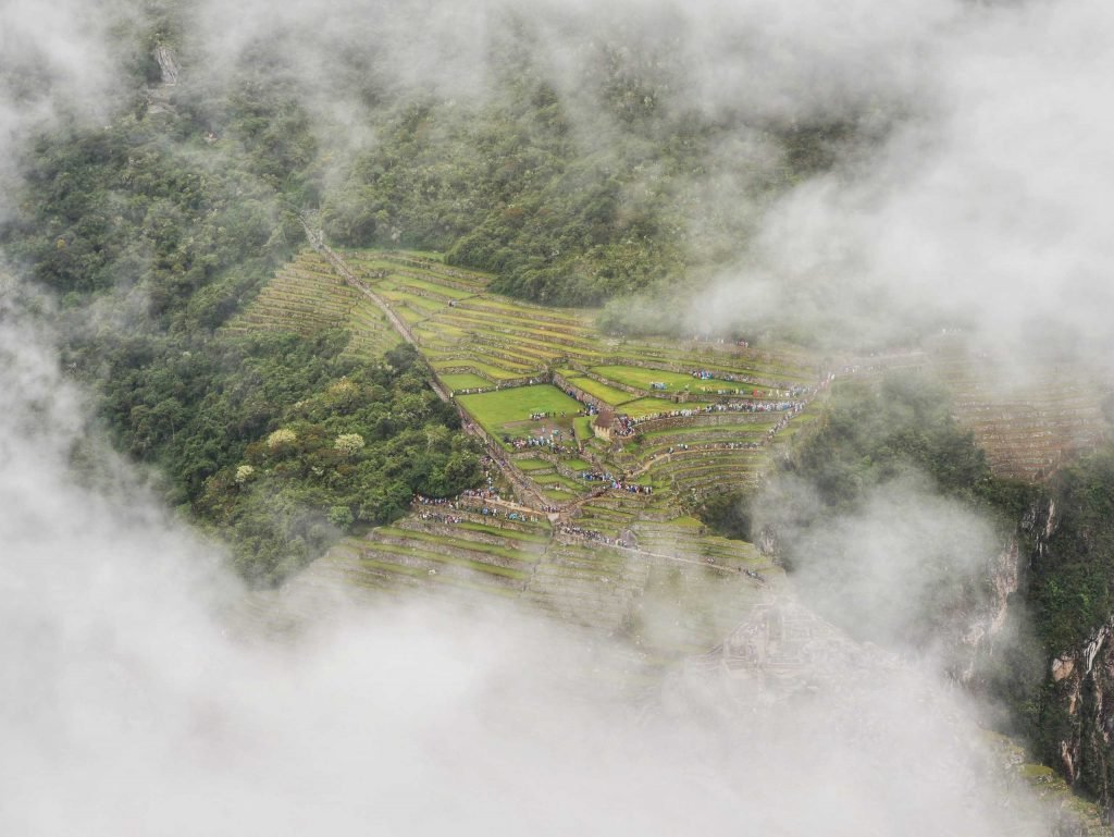 Cloudy view of Machu Picchu from huayna picchu