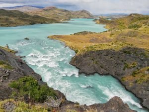 lake pehoe view torres der paine patagonia after waterfall