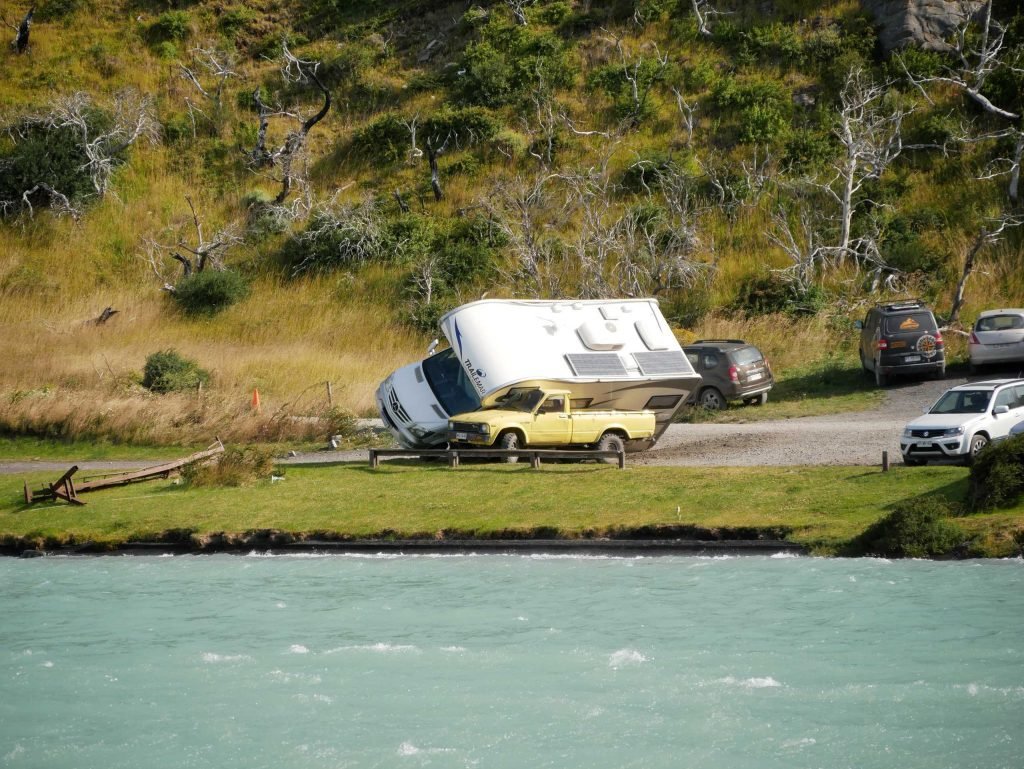 strong winds in Patagonia torres del paine forcing camper vans to capsize