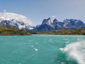 mountain range view Lake Pehoe Torres del Paine