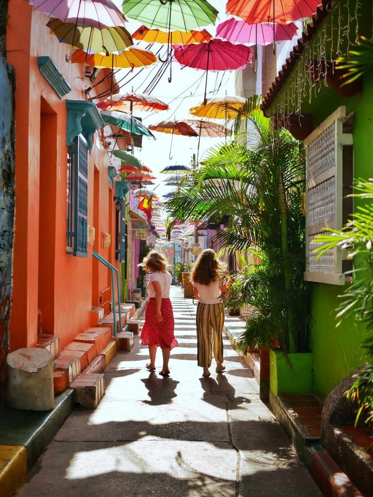 coloful umbrellas in street in Cartagena Colombia
